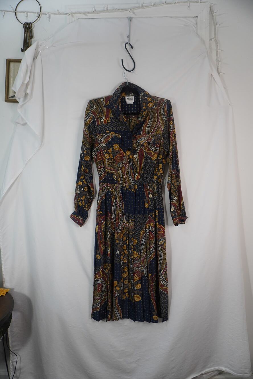 Vintage Leslie Fay 80s Paisley Pleated Midi Dress 10P Secretary Academia